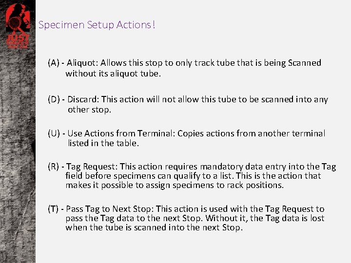 Specimen Setup Actions! (A) - Aliquot: Allows this stop to only track tube that