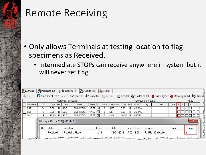 Remote Receiving • Only allows Terminals at testing location to flag specimens as Received.