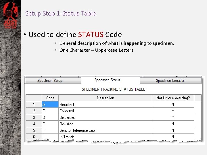 Setup Step 1 -Status Table • Used to define STATUS Code • General description