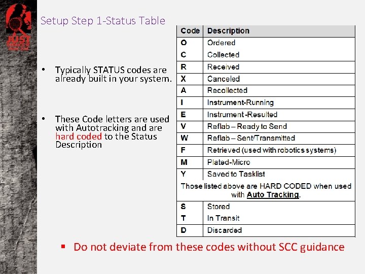 Setup Step 1 -Status Table • Typically STATUS codes are already built in your