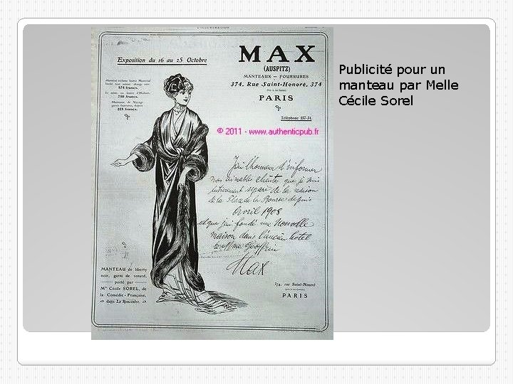Publicité pour un manteau par Melle Cécile Sorel 