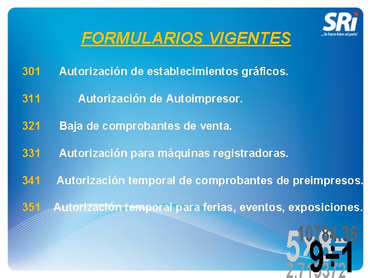 FORMULARIOS VIGENTES 301 311 Autorización de establecimientos gráficos. Autorización de Autoimpresor. 321 Baja de