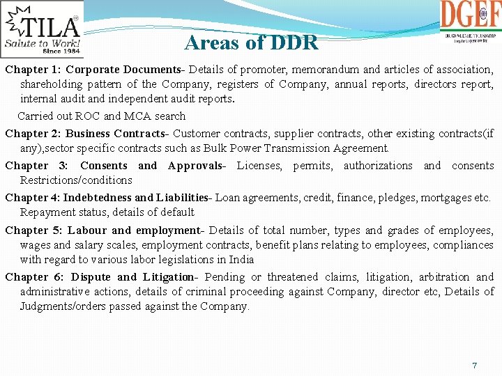 Areas of DDR Chapter 1: Corporate Documents- Details of promoter, memorandum and articles of