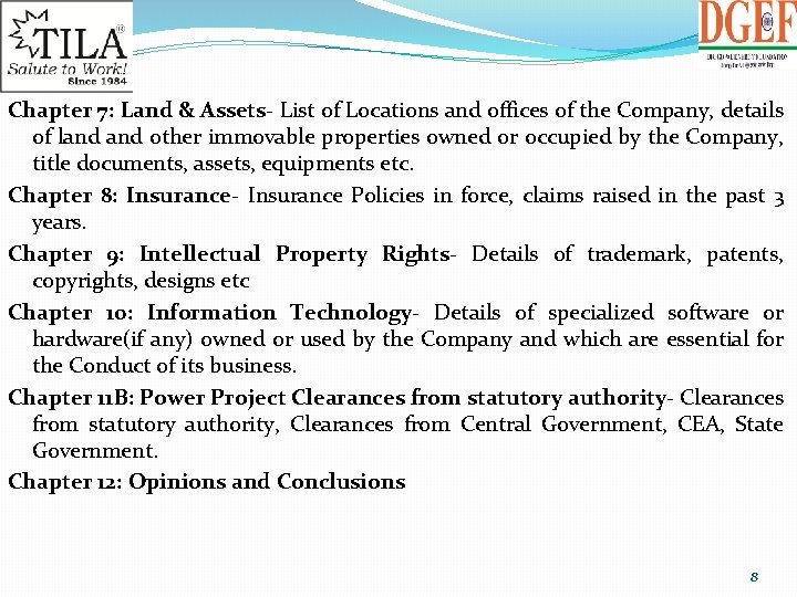 Chapter 7: Land & Assets- List of Locations and offices of the Company, details