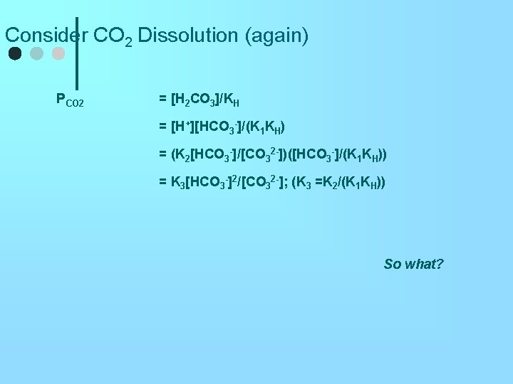 Consider CO 2 Dissolution (again) PCO 2 = [H 2 CO 3]/KH = [H+][HCO