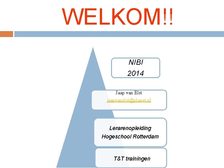 WELKOM!! NIBI 2014 Jaap van Elst jaapvanelst@planet. nl Lerarenopleiding Hogeschool Rotterdam T&T trainingen 