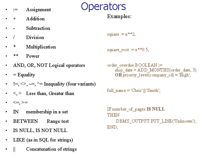 Operators • : = Assignment • + Addition • - Subtraction • / Division
