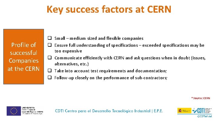 Key success factors at CERN Profile of successful Companies at the CERN q Small