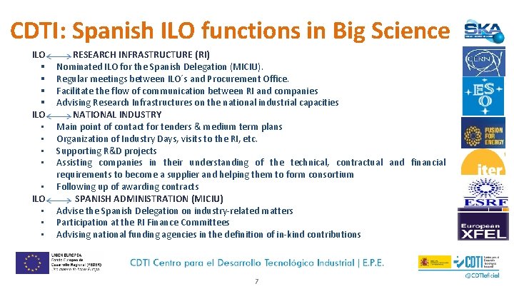 CDTI: Spanish ILO functions in Big Science ILO § § ILO • • •