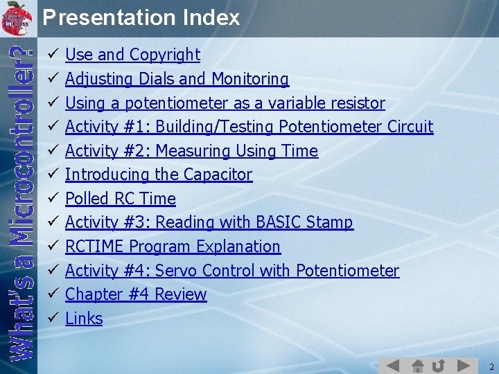 Presentation Index ü ü ü Use and Copyright Adjusting Dials and Monitoring Using a