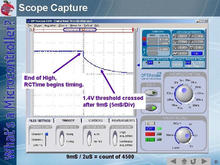 Scope Capture End of High, RCTime begins timing. 1. 4 V threshold crossed after
