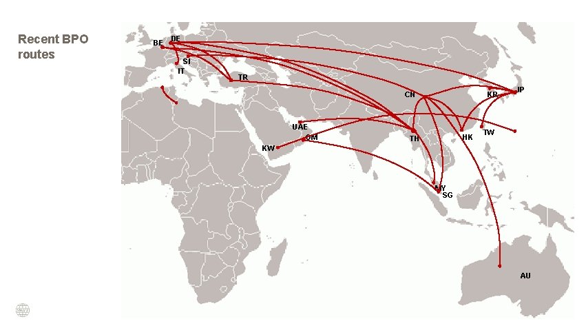 Recent BPO routes BE DE SI IT TR KR CN UAE OM HK TH