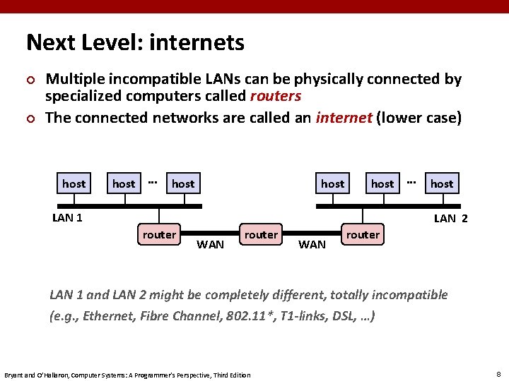 Next Level: internets ¢ ¢ Multiple incompatible LANs can be physically connected by specialized