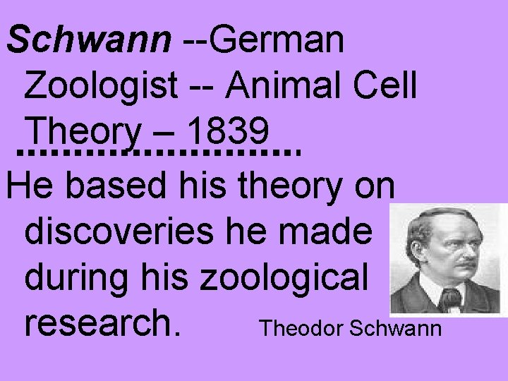 Schwann --German Zoologist -- Animal Cell Theory – 1839 He based his theory on
