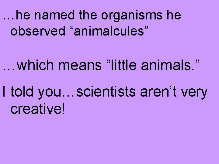 …he named the organisms he observed “animalcules” …which means “little animals. ” I told