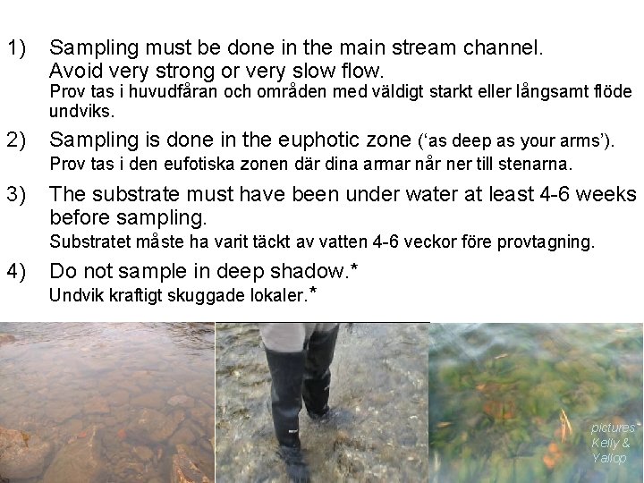 1) Sampling must be done in the main stream channel. Avoid very strong or