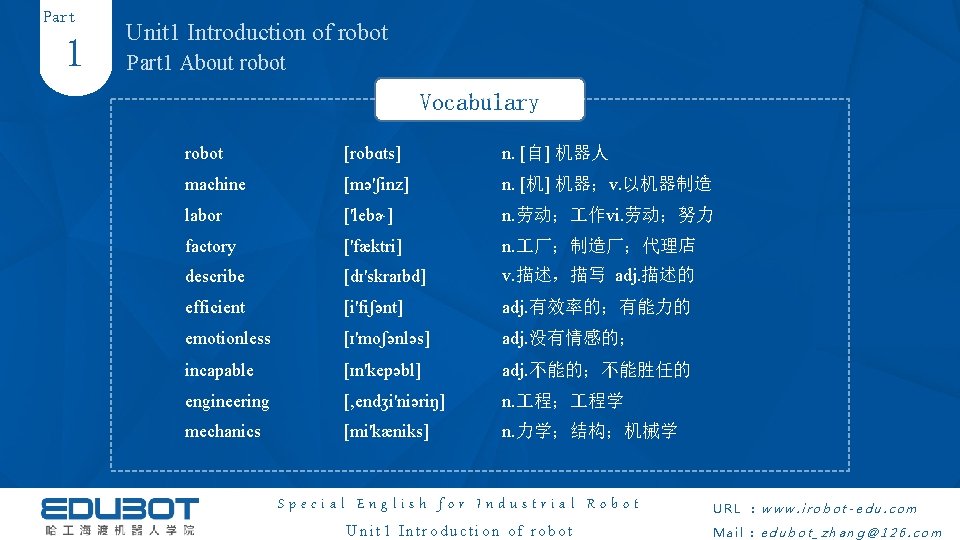 Part 1 Unit 1 Introduction of robot Part 1 About robot Vocabulary robot [robɑts]