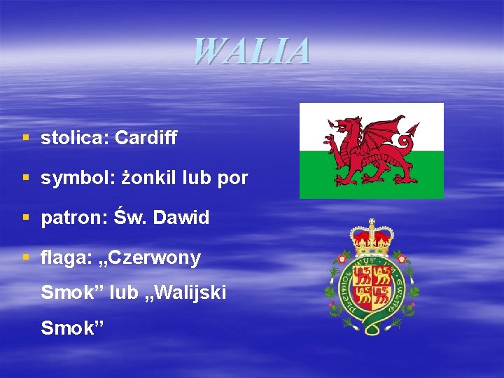 WALIA § stolica: Cardiff § symbol: żonkil lub por § patron: Św. Dawid §