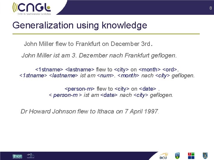 8 Generalization using knowledge John Miller flew to Frankfurt on December 3 rd .