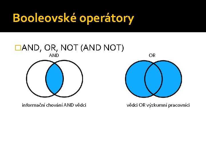 Booleovské operátory �AND, OR, NOT (AND NOT) AND informační chování AND vědci OR výzkumní