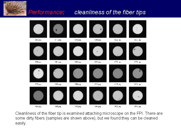 Performance: cleanliness of the fiber tips Cleanliness of the fiber tip is examined attaching