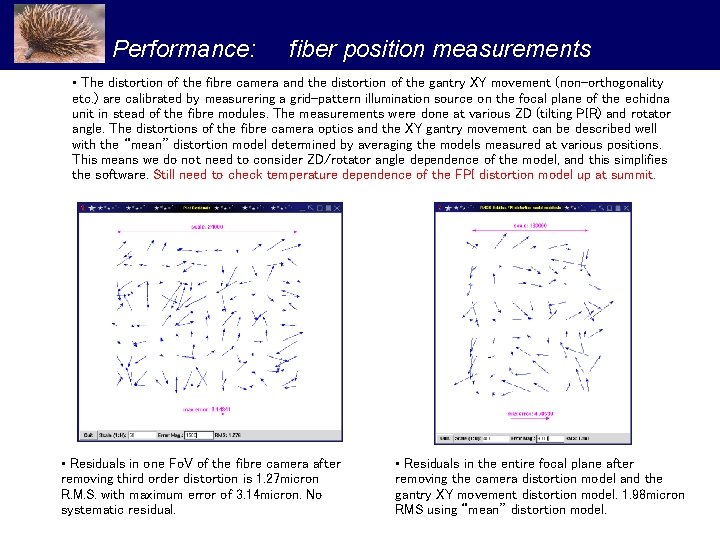 Performance: fiber position measurements • The distortion of the fibre camera and the distortion