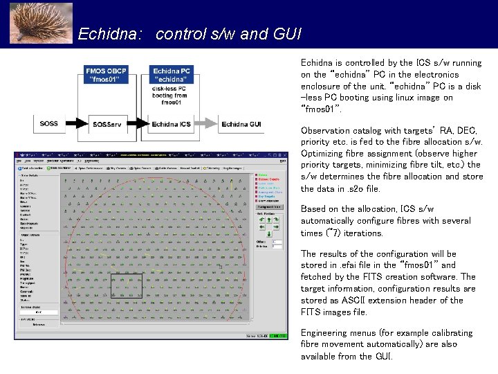 Echidna: control s/w and GUI Echidna is controlled by the ICS s/w running on