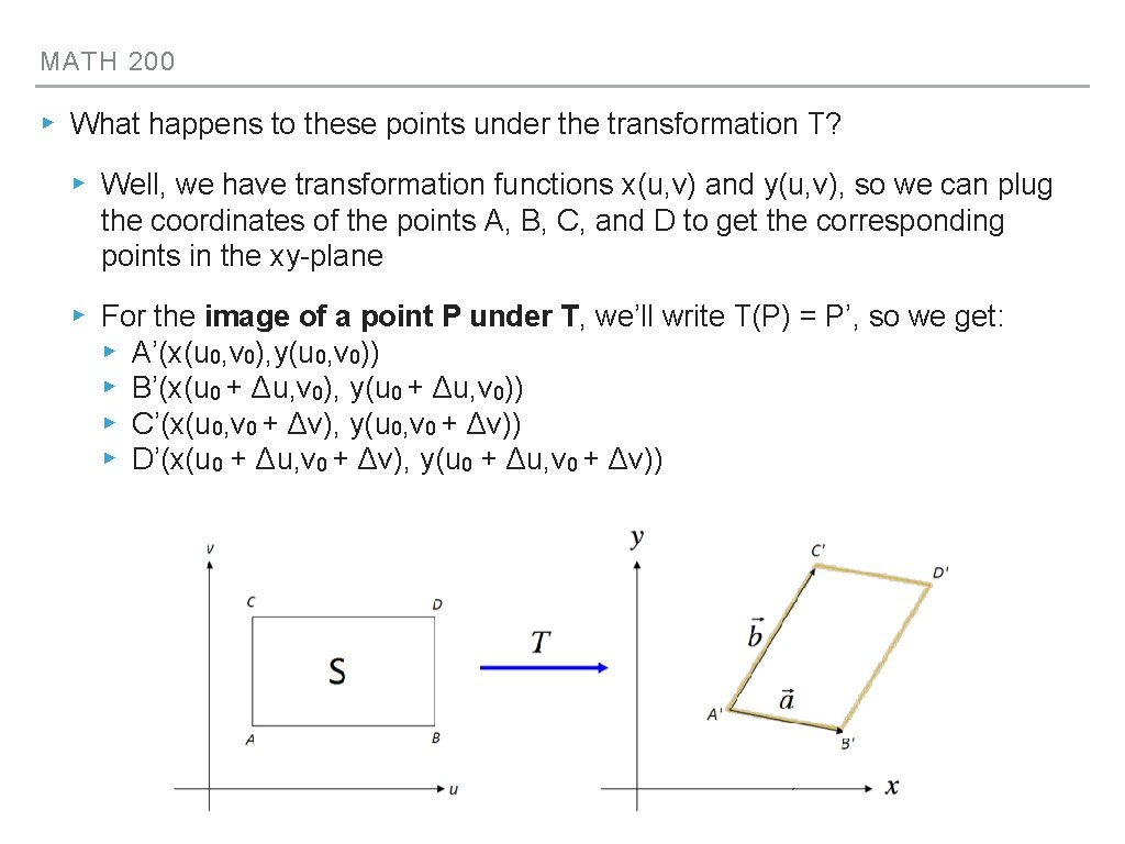 MATH 200 ▸ What happens to these points under the transformation T? ▸ Well,