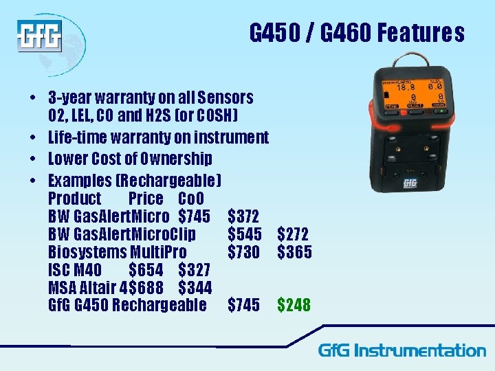 G 450 / G 460 Features • 3 -year warranty on all Sensors O