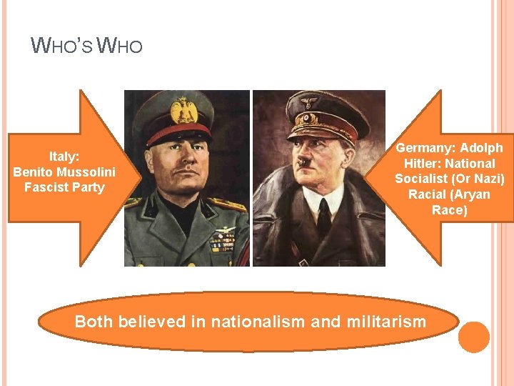 WHO’S WHO Italy: Benito Mussolini Fascist Party Germany: Adolph Hitler: National Socialist (Or Nazi)