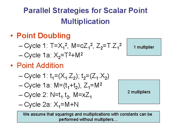Parallel Strategies for Scalar Point Multiplication • Point Doubling – Cycle 1: T=X 12,
