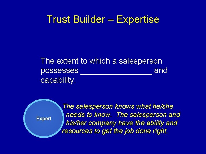 Trust Builder – Expertise The extent to which a salesperson possesses ________ and capability.
