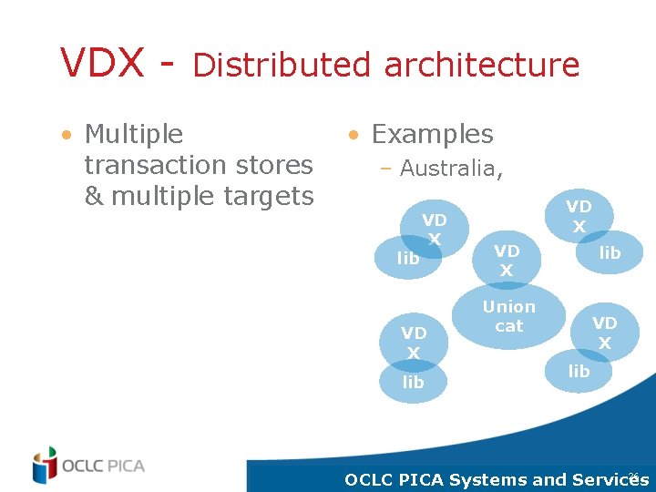 VDX - Distributed architecture • Multiple transaction stores & multiple targets • Examples –