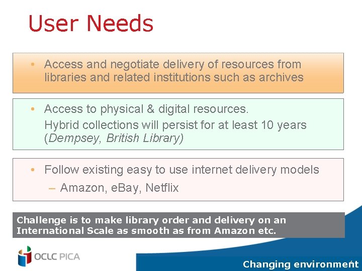 User Needs • Access and negotiate delivery of resources from libraries and related institutions