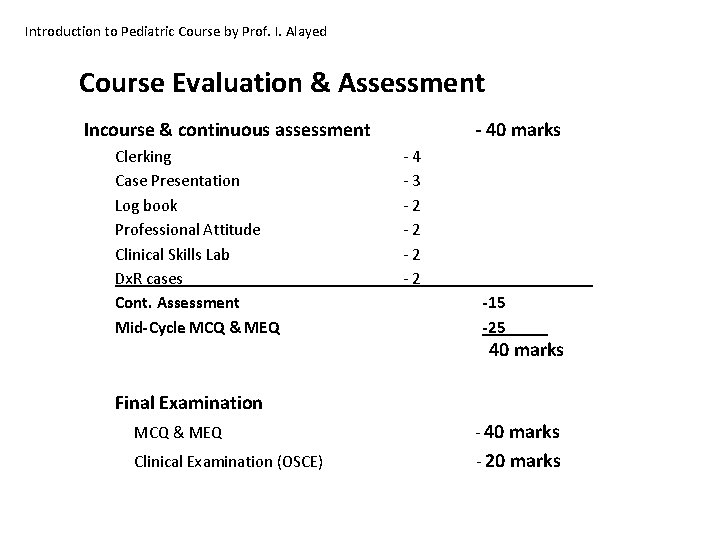 Introduction to Pediatric Course by Prof. I. Alayed Course Evaluation & Assessment Incourse &