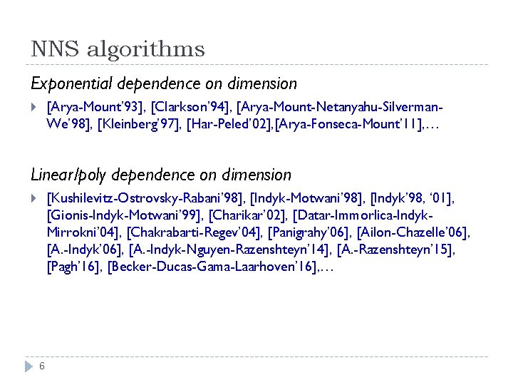 NNS algorithms Exponential dependence on dimension [Arya-Mount’ 93], [Clarkson’ 94], [Arya-Mount-Netanyahu-Silverman. We’ 98], [Kleinberg’