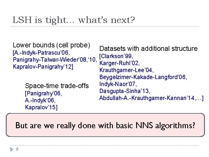 LSH is tight… what’s next? Lower bounds (cell probe) Datasets with additional structure [A.