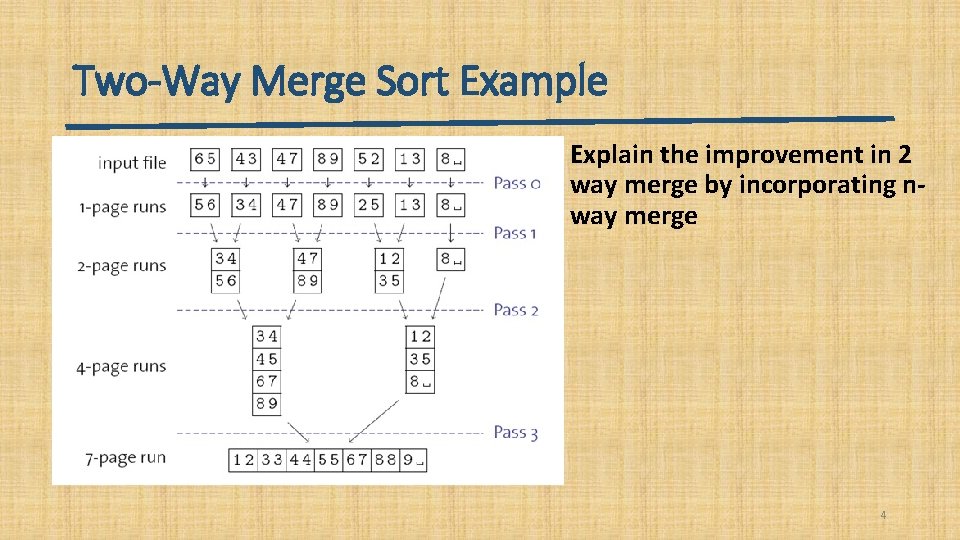 Two-Way Merge Sort Example Explain the improvement in 2 way merge by incorporating nway