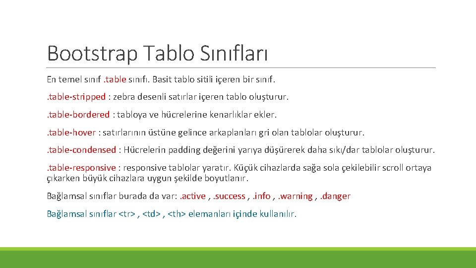 Bootstrap Tablo Sınıfları En temel sınıf. table sınıfı. Basit tablo sitili içeren bir sınıf.