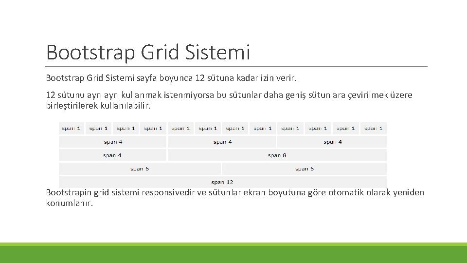Bootstrap Grid Sistemi sayfa boyunca 12 sütuna kadar izin verir. 12 sütunu ayrı kullanmak