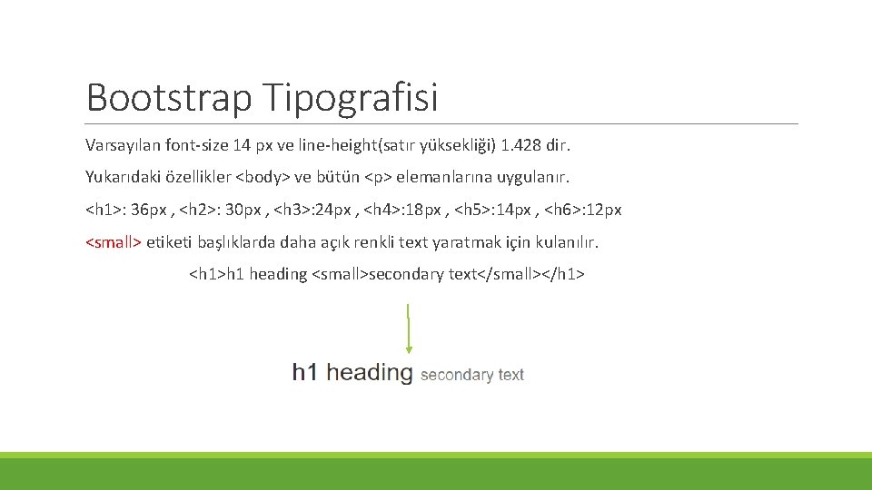 Bootstrap Tipografisi Varsayılan font-size 14 px ve line-height(satır yüksekliği) 1. 428 dir. Yukarıdaki özellikler