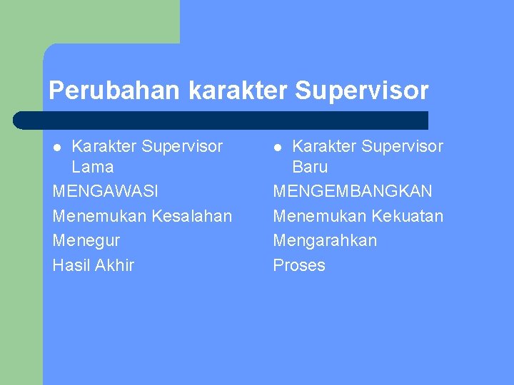 Perubahan karakter Supervisor Karakter Supervisor Lama MENGAWASI Menemukan Kesalahan Menegur Hasil Akhir l Karakter