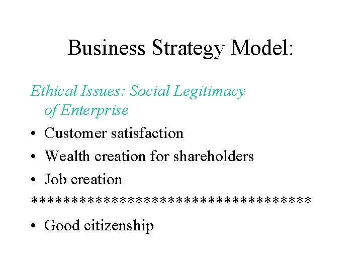 Business Strategy Model: Ethical Issues: Social Legitimacy of Enterprise • Customer satisfaction • Wealth