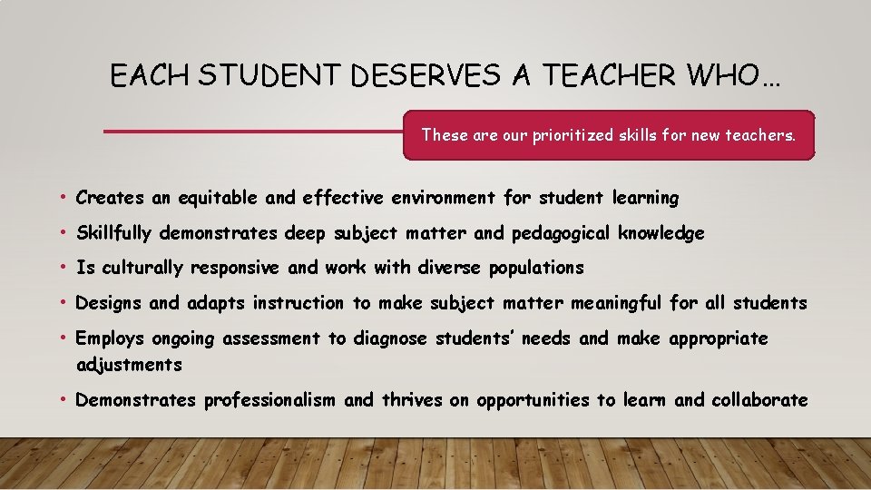 EACH STUDENT DESERVES A TEACHER WHO… These are our prioritized skills for new teachers.