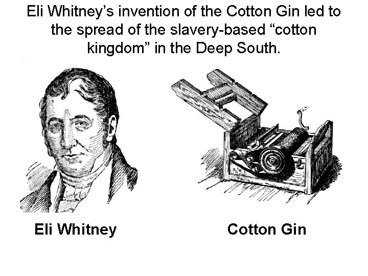 Eli Whitney’s invention of the Cotton Gin led to the spread of the slavery-based