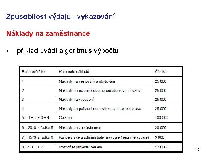 Způsobilost výdajů - vykazování Náklady na zaměstnance • příklad uvádí algoritmus výpočtu 13 