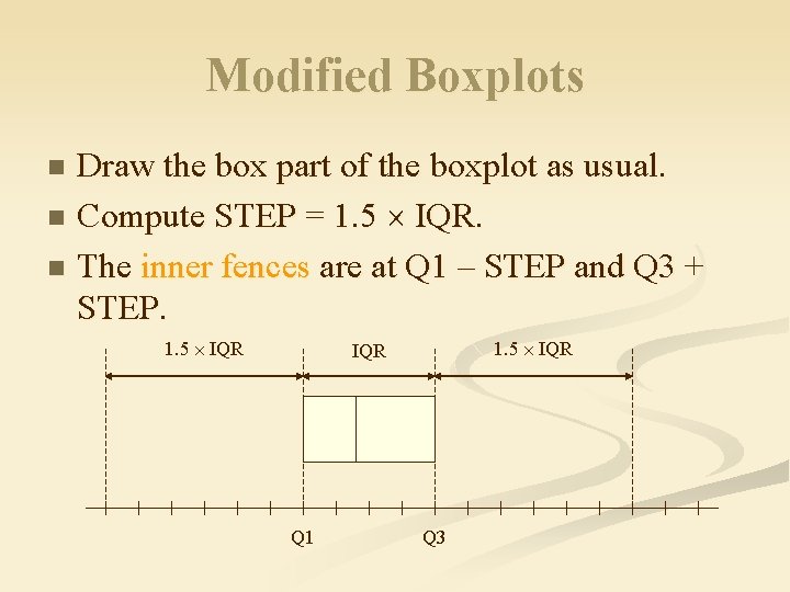 Modified Boxplots Draw the box part of the boxplot as usual. n Compute STEP