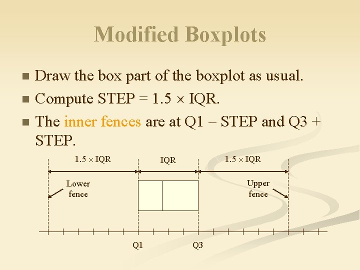 Modified Boxplots Draw the box part of the boxplot as usual. n Compute STEP
