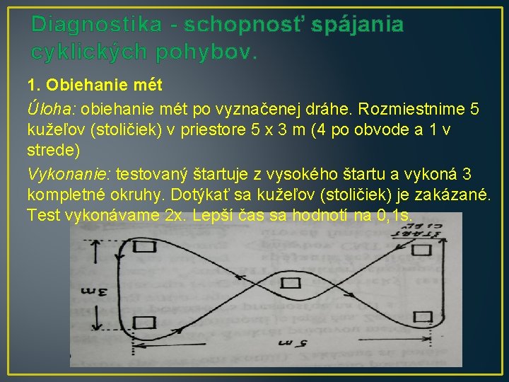 Diagnostika - schopnosť spájania cyklických pohybov. 1. Obiehanie mét Úloha: obiehanie mét po vyznačenej