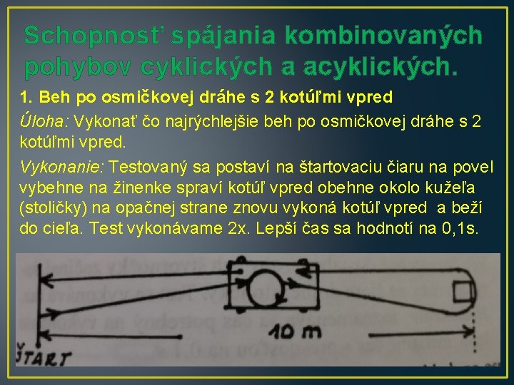 Schopnosť spájania kombinovaných pohybov cyklických a acyklických. 1. Beh po osmičkovej dráhe s 2